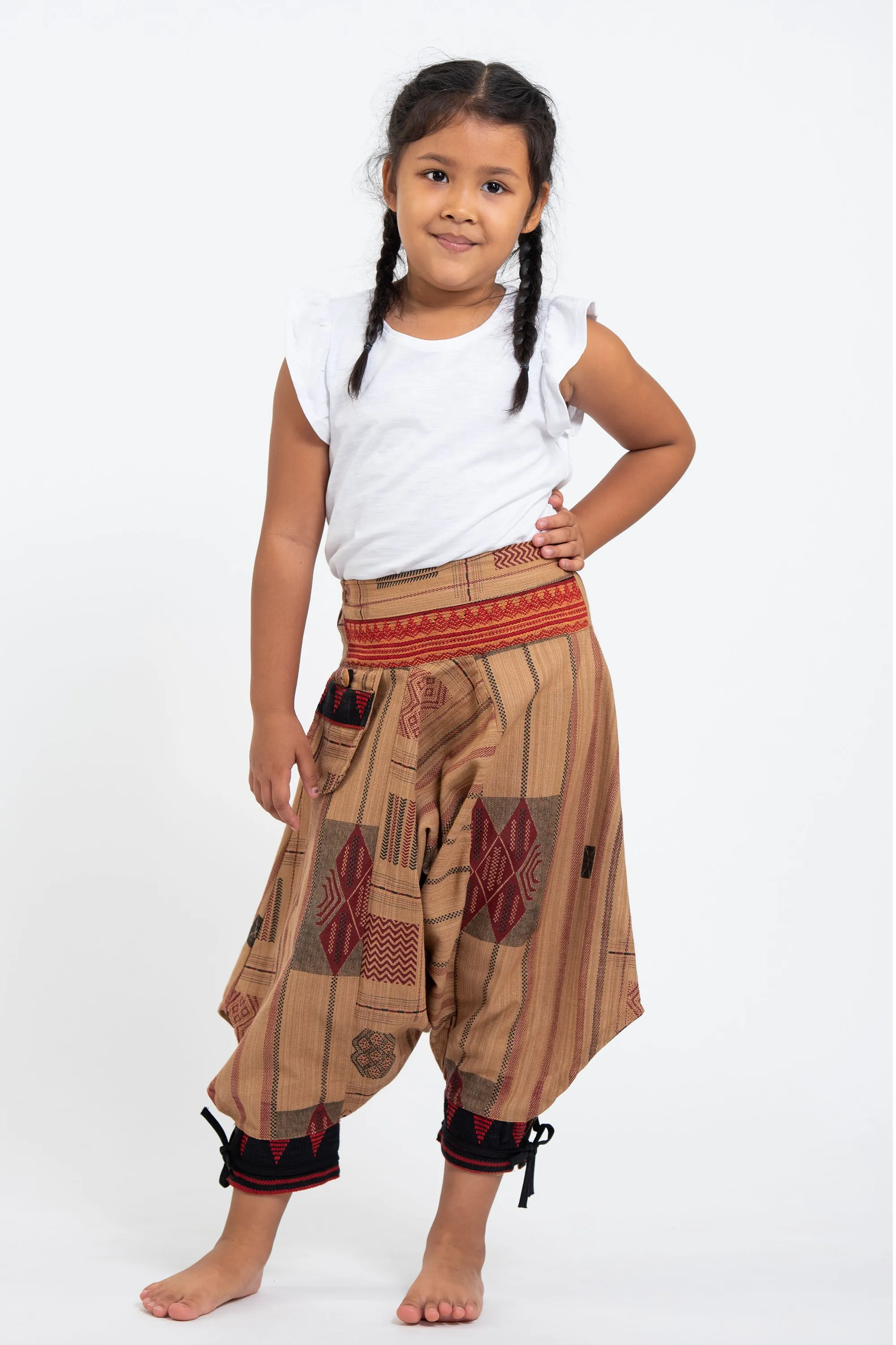 Thai Hill Tribe Fabric Kids Harem Pants with Ankle Straps in Beige