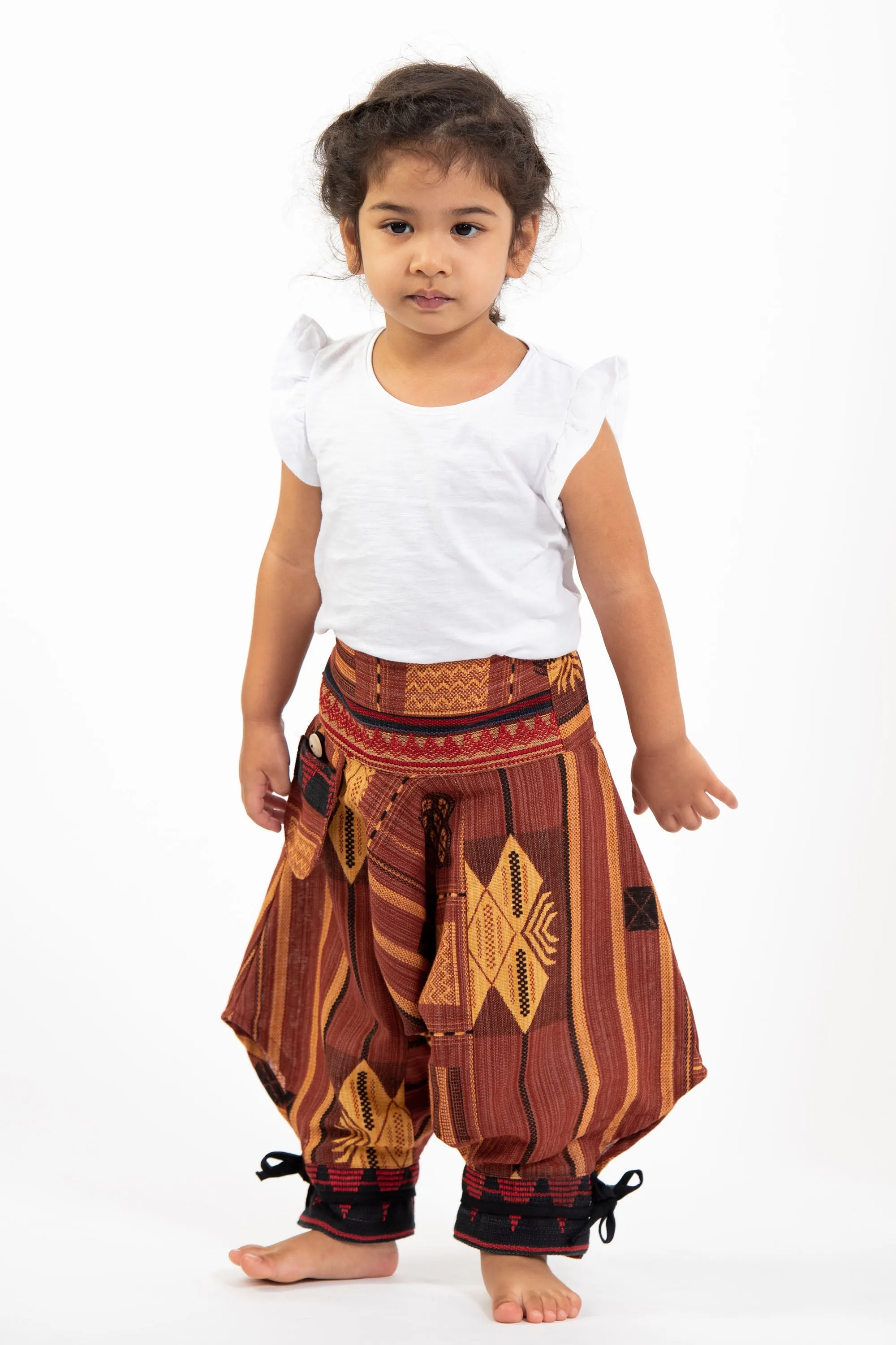 Thai Hill Tribe Fabric Kids Harem Pants with Ankle Straps in Brick