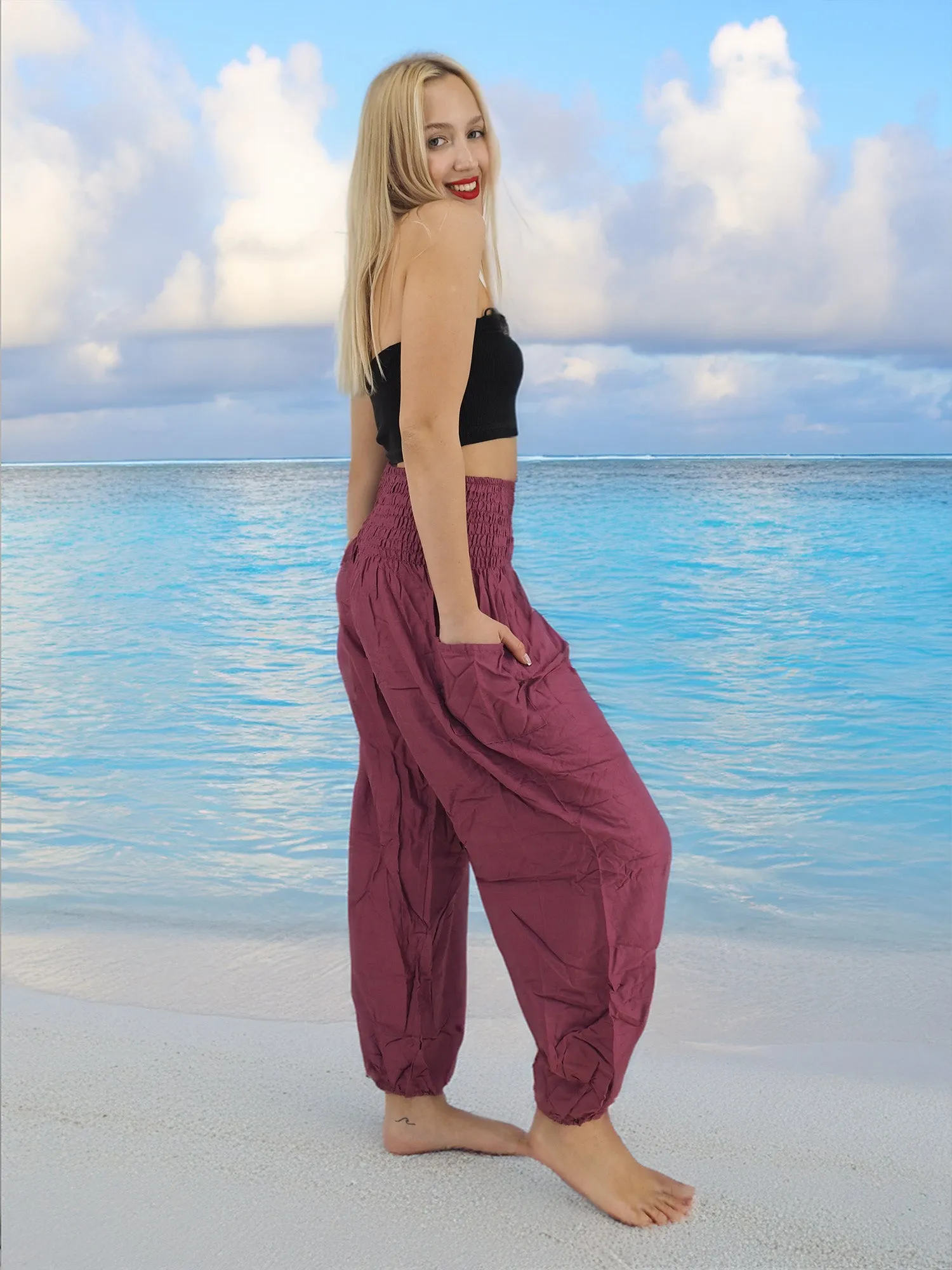 Unisex Harem Yoga Hippie Boho Pants Solid Plum Dark Pink L - XL