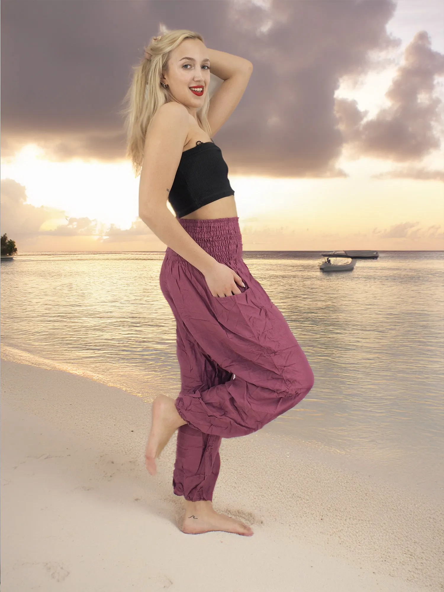 Unisex Harem Yoga Hippie Boho Pants Solid Plum Dark Pink L - XL