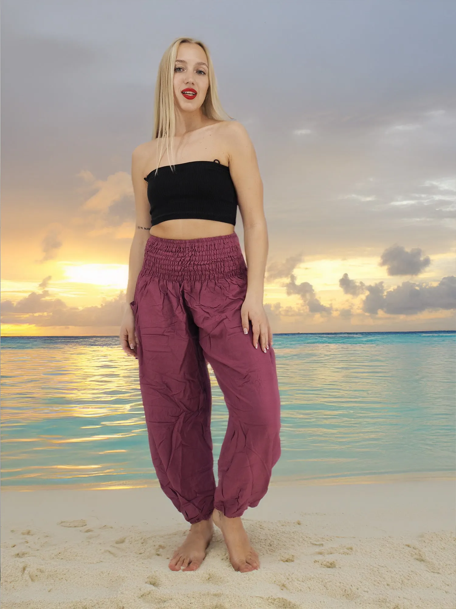 Unisex Harem Yoga Hippie Boho Pants Solid Plum Dark Pink L - XL