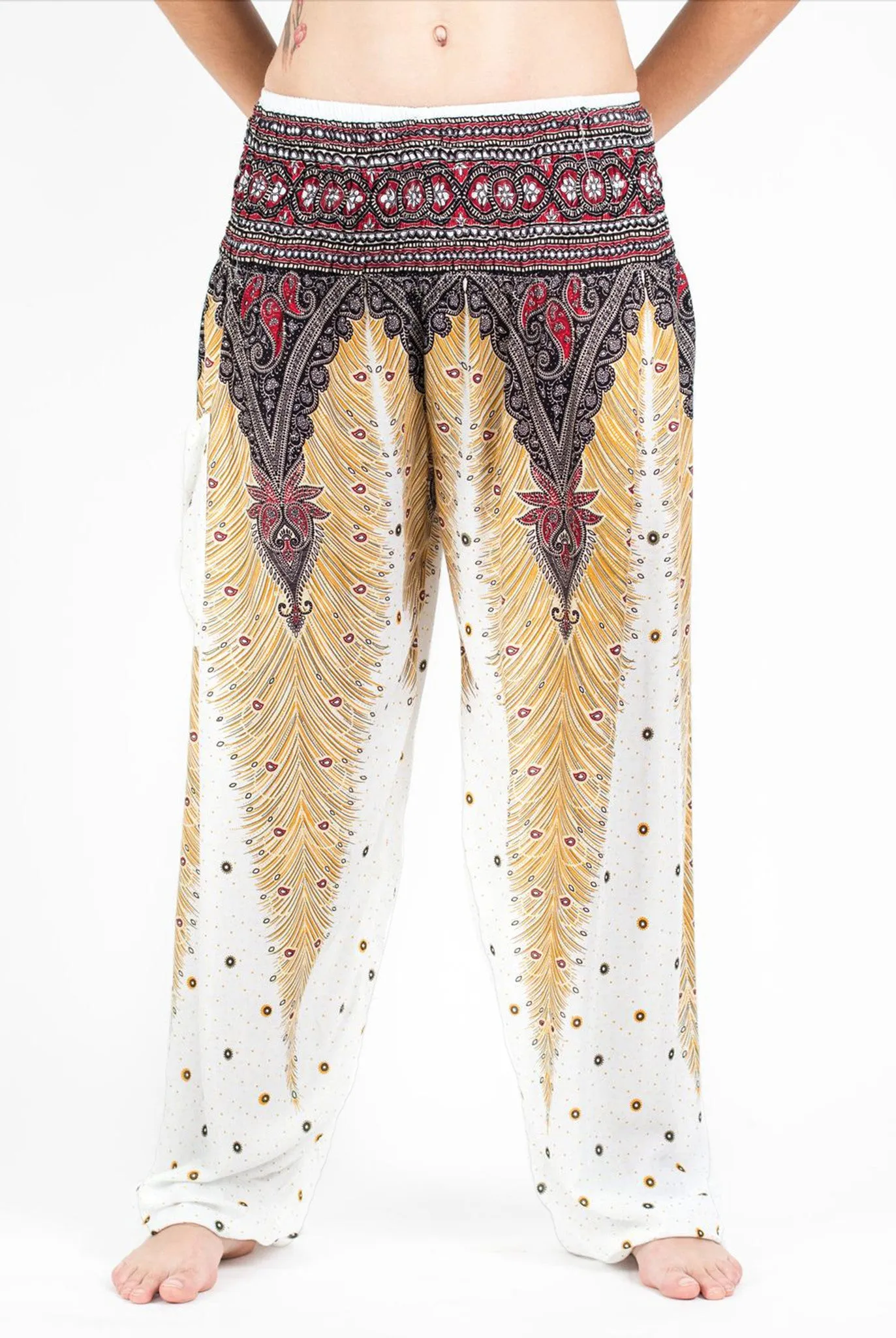 Unisex Peacock Feathers Harem Pants in White