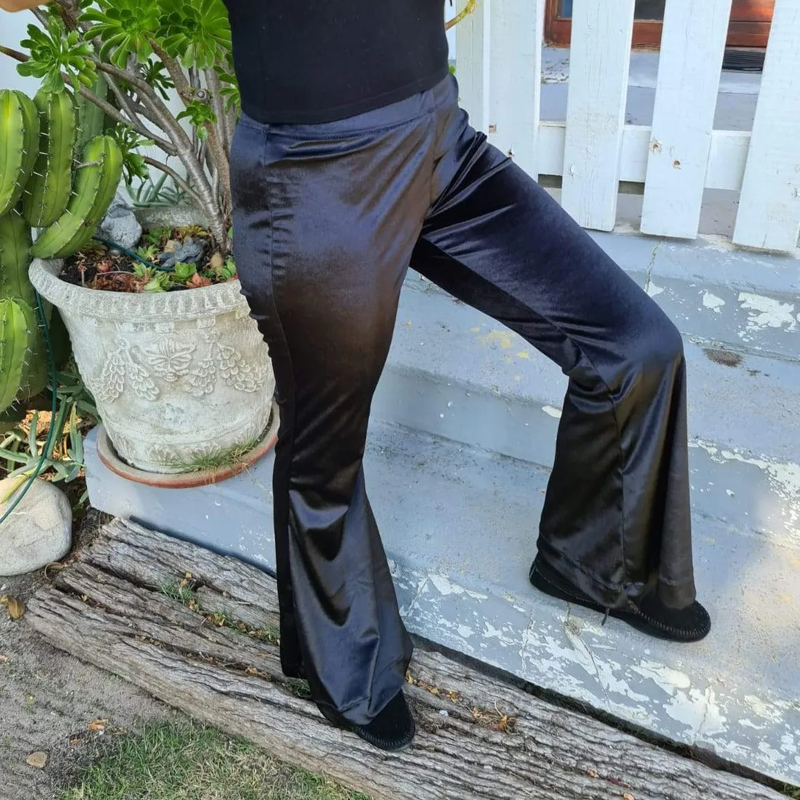 Velvet Bell Bottom Pants - Black