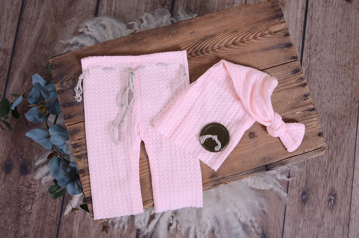 Waffle Weave Knit Pants & Hat - Light Pink