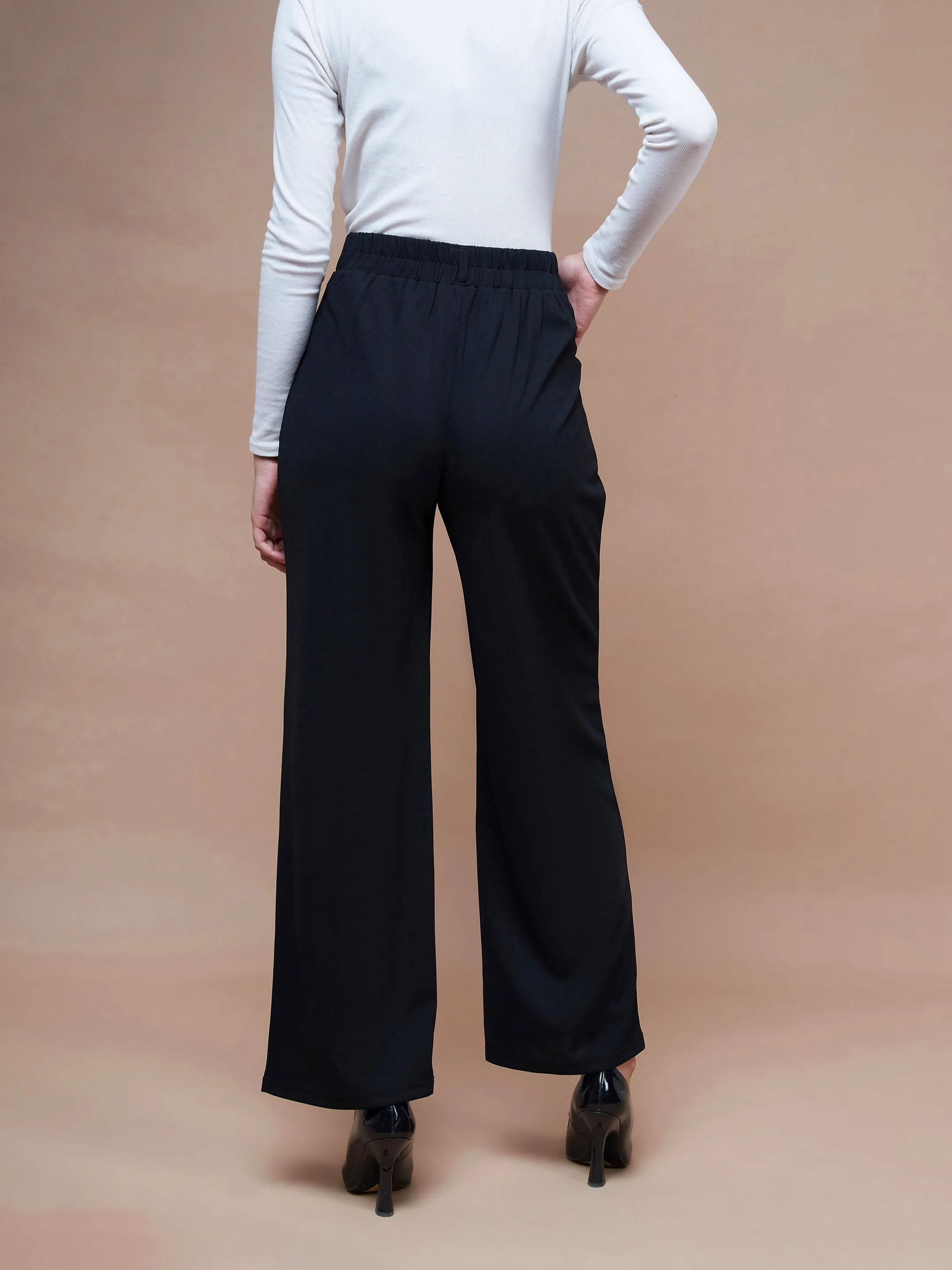 Women Black Pleated Straight Stretchable Pants