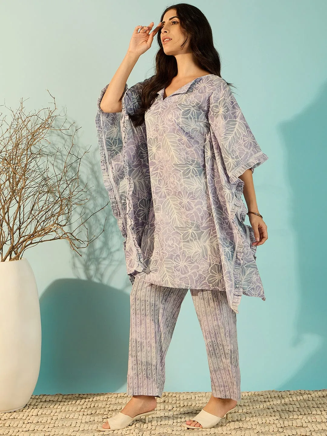 Women Lilac Artisan Print Cotton Kaftan Style Co-Ord Set