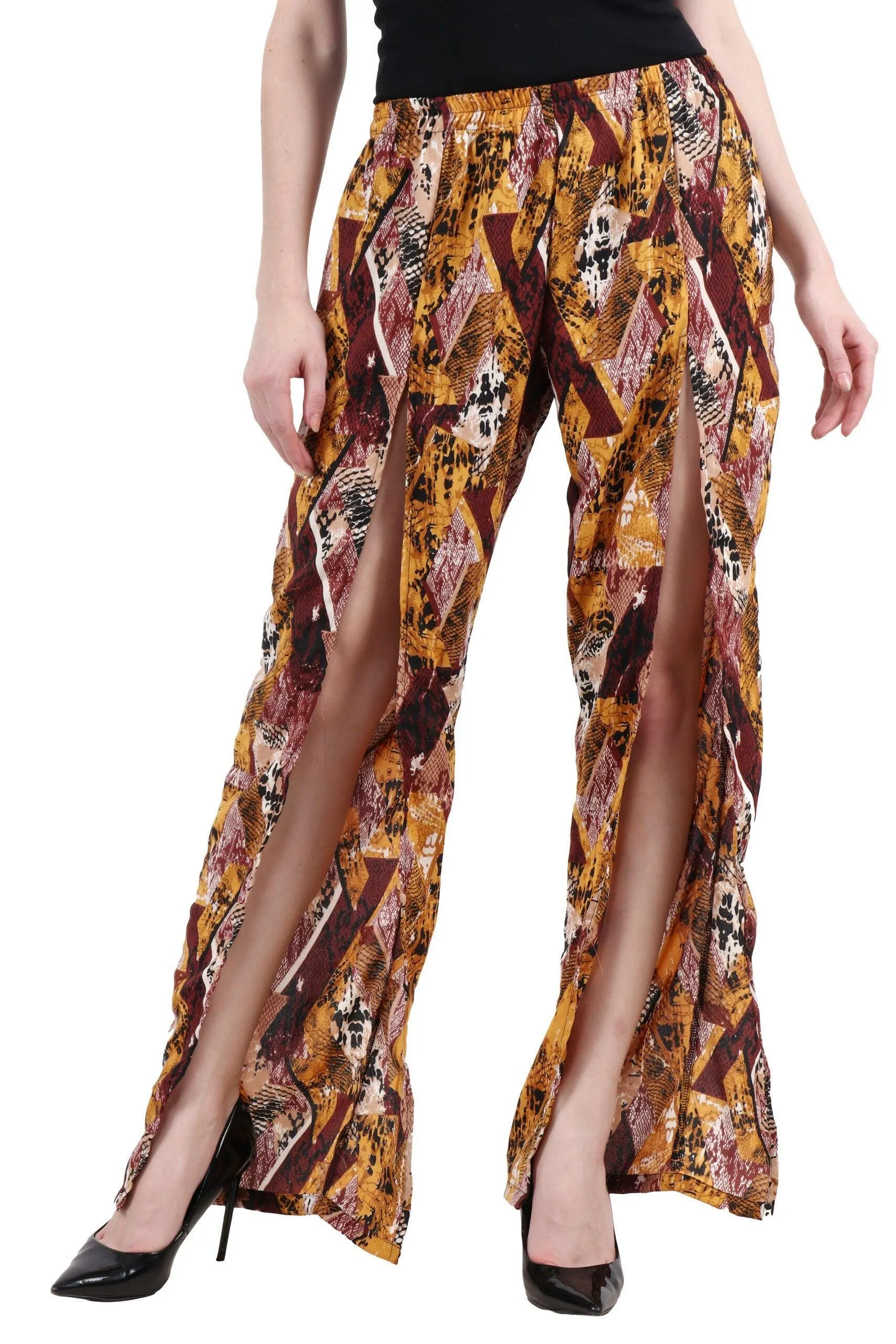 Yellow Abstract Square Printed Front Slit Pyjamas