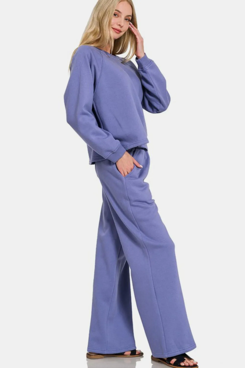 Zenana Round Neck Raglan Sleeve Top and Elastic Waist Pants Set